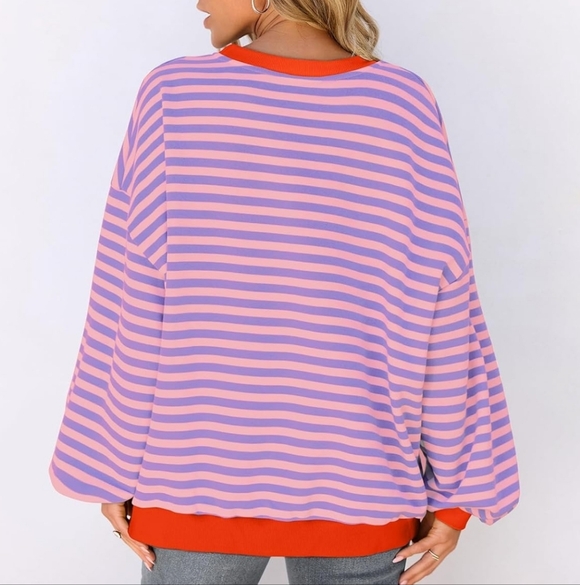 UEU Oversized Lagenlook Striped Crewneck Pullover Sweatshirt. Pink Purple Stripe - Picture 2 of 9